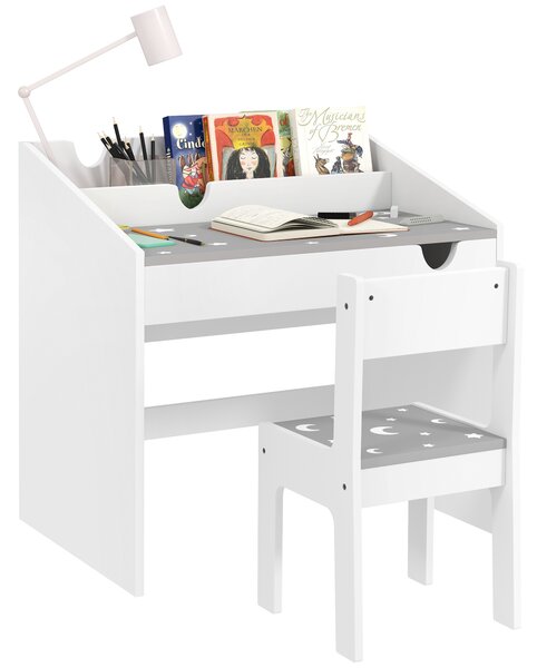 AIYAPLAY Set Sedia e Tavolino per Bambini 3-6 Anni con Organizzatore e Cassetto Estraibile, in Legno Grigio | Aosom Italy
