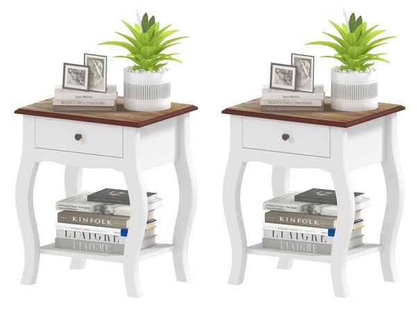 HOMCOM Set di 2 Comodini da Notte con Cassetto e Ripiano Aperto Effetto Rovere Stile Francese 45x35x55 cm Bianco e Rovere | Aosom Italy