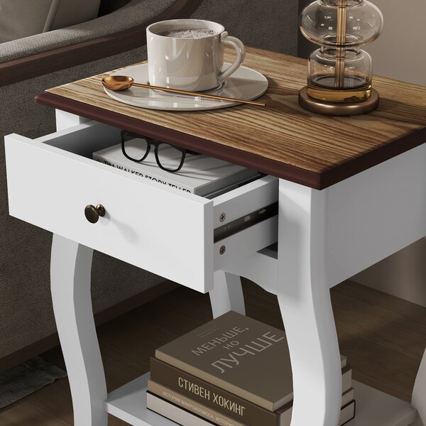 HOMCOM Set di 2 Comodini da Notte con Cassetto e Ripiano Aperto Effetto Rovere Stile Francese 45x35x55 cm Bianco e Rovere | Aosom Italy