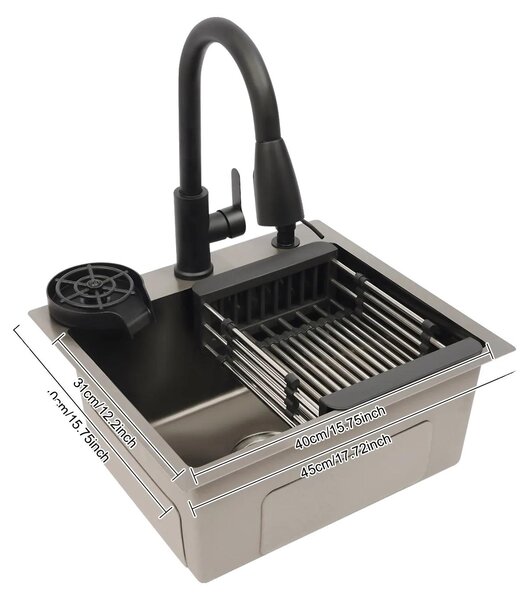 Lavello da cucina, rubinetto estraibile, dispenser di sapone, nero