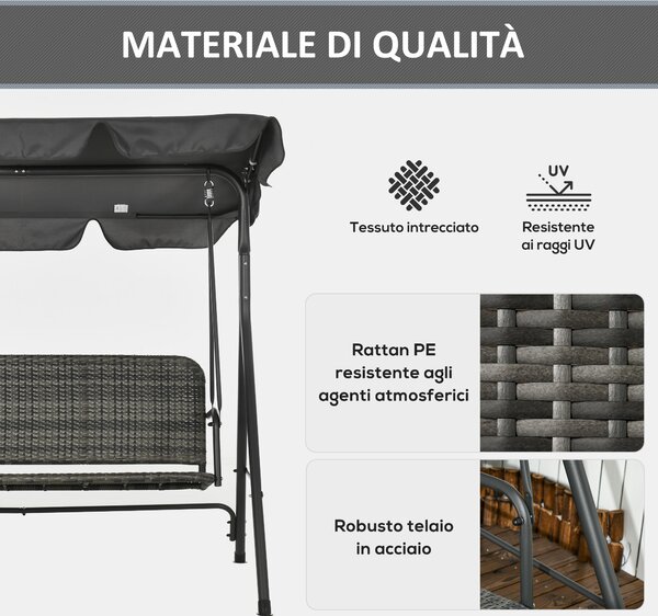 Outsunny Dondolo da Giardino 3 Posti con Tettuccio Regolabile in Rattan PE, 167x112x153cm, Grigio Scuro