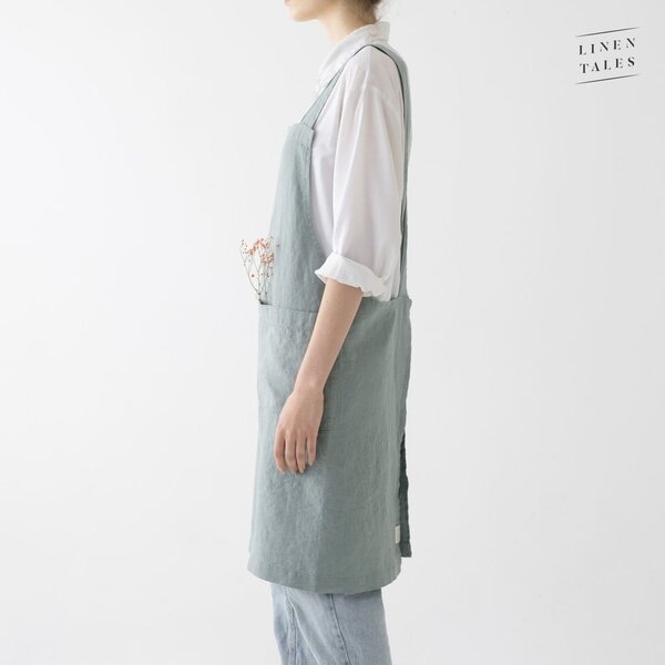Grembiule di lino verde Crossback, lunghezza 80 cm Milieu - Linen Tales