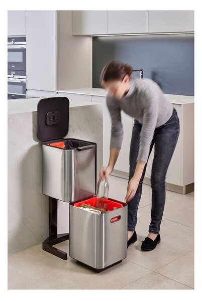 Bidone in acciaio per rifiuti differenziati in argento 40 l Totem Compact - Joseph Joseph