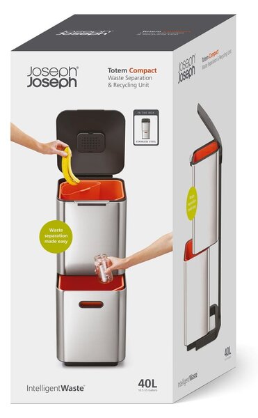 Bidone in acciaio per rifiuti differenziati in argento 40 l Totem Compact - Joseph Joseph