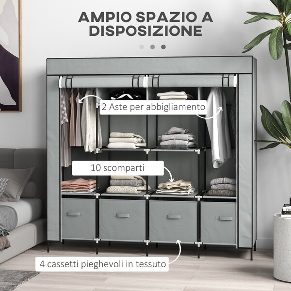 HOMCOM Armadio in Tessuto e Acciaio con 10 Ripiani, 4 Cassetti e Ante a Cerniera, Grigio