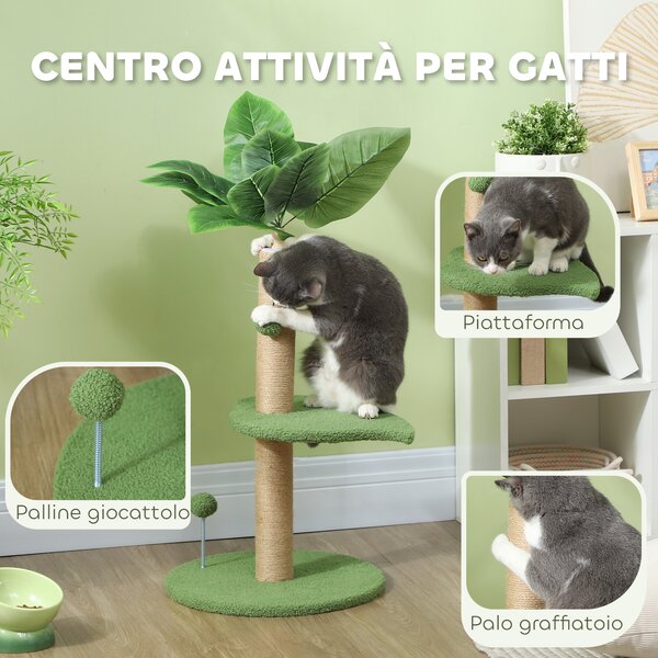 PawHut Albero per Gatti con Palo Tiragraffi, Piattaforme e Palline, in Peluche e Truciolato, Ø40x83 cm, Verde