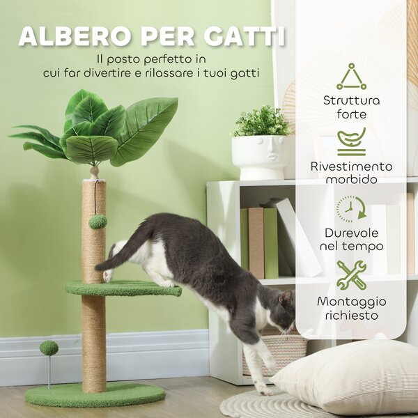 PawHut Albero per Gatti con Palo Tiragraffi, Piattaforme e Palline, in Peluche e Truciolato, Ø40x83 cm, Verde