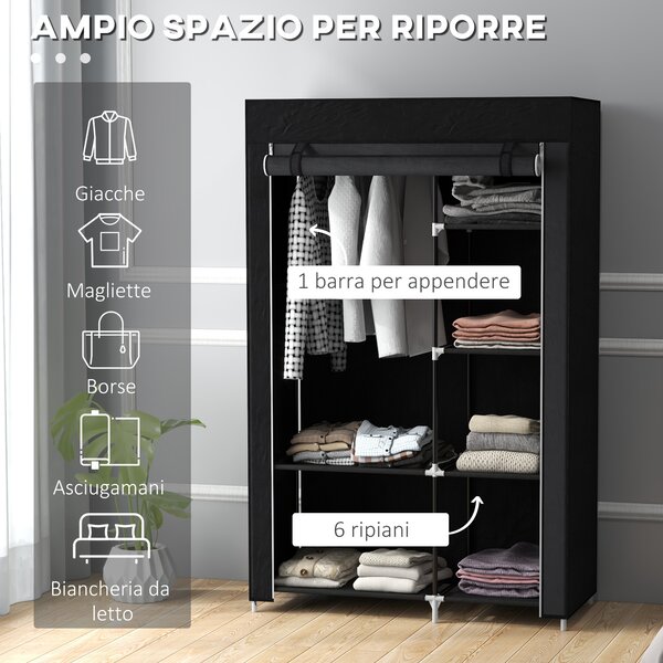 HOMCOM Armadio Guardaroba Portatile in Tessuto con 6 Ripiani Aperti e un Appendino, 103x43x162.5 cm, Nero