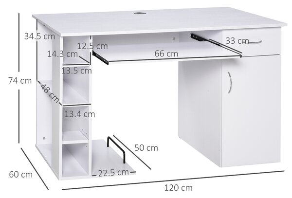 HOMCOM Scrivania per PC Ergonomica con Mensole, Armadietto, Cassetto e Piano Tastiera Estraibile, Bianca, 120x60x74cm|Aosom