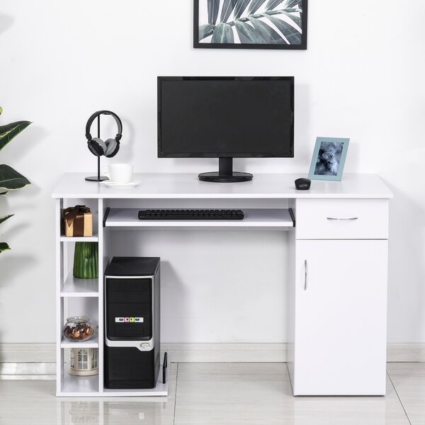 HOMCOM Scrivania per PC Ergonomica con Mensole, Armadietto, Cassetto e Piano Tastiera Estraibile, Bianca, 120x60x74cm|Aosom