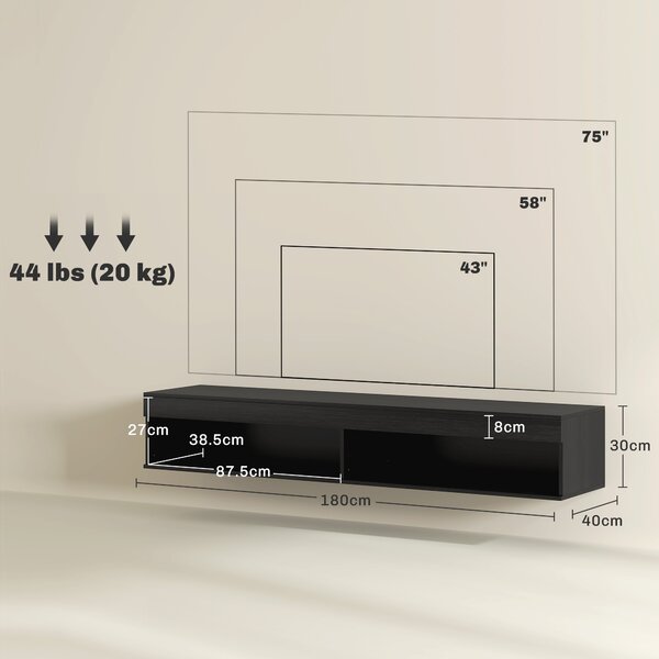 HOMCOM Mobile Porta TV fino 75" Sospeso con Luci LED 16 Colori e Telecomando, 180x40x30cm, Nero
