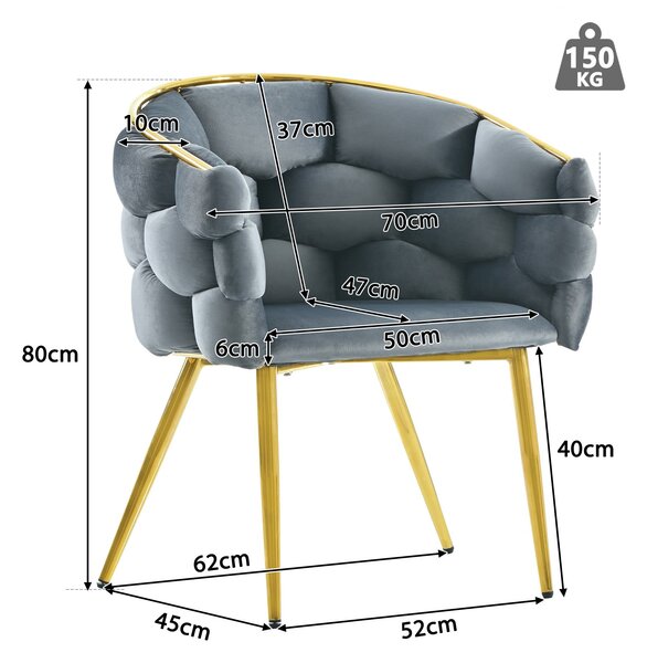 Sedia di lusso in velluto con struttura posteriore dorata, protezione per la schiena confortevole, tessuto in velluto morbido, 50×47×80 cm,Grigio