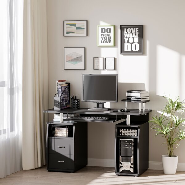 HOMCOM Scrivania da Ufficio Moderna in Legno con Cassetti e Mensola Estraibile per Tastiera Ideale per Studio e Lavoro 120x55x85cm Nera |Aosom