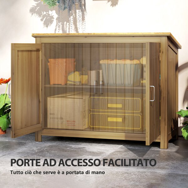 Outsunny Armadio da Esterno in Legno Porta Attrezzi con 2 Porte e 2 Ripiani, 110x50x85 cm, Marrone