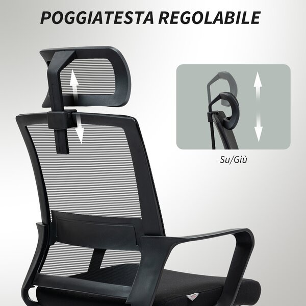 HOMCOM Sedia da Ufficio Ergonomica con Poggiatesta e Altezza Regolabili, Funzione Dondolo e Ruote, Nero