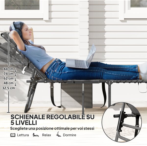Outsunny Sdraio da Giardino Pieghevole e Reclinabile a 5 Livelli con Tavolino Laterale e Tasca, 60x190x31 cm, Grigio e Nero