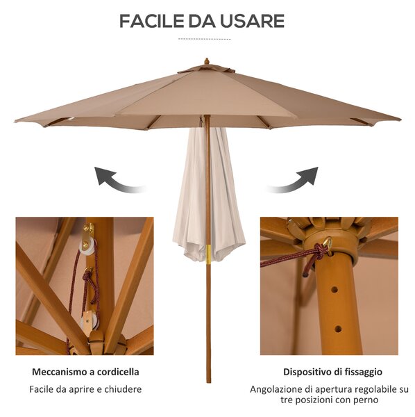 Outsunny Ombrellone da Giardino 3 m con Palo in Legno, 8 Stecche e Parasole in Poliestere, Cachi