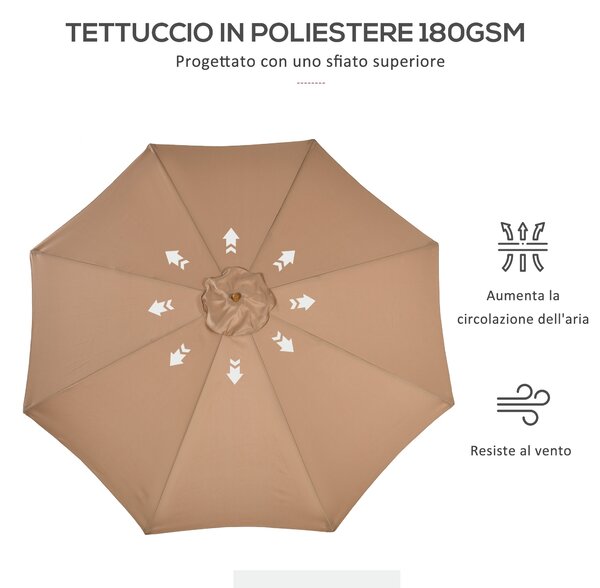 Outsunny Ombrellone da Giardino 3 m con Palo in Legno, 8 Stecche e Parasole in Poliestere, Cachi