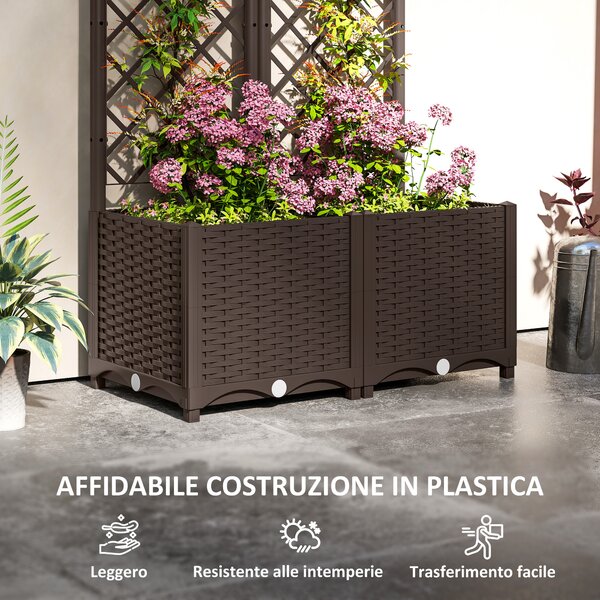 Outsunny Fioriera Rialzata con Traliccio per Rampicanti e 8 Fori di Drenaggio in PP, 80x40x135 cm, Marrone