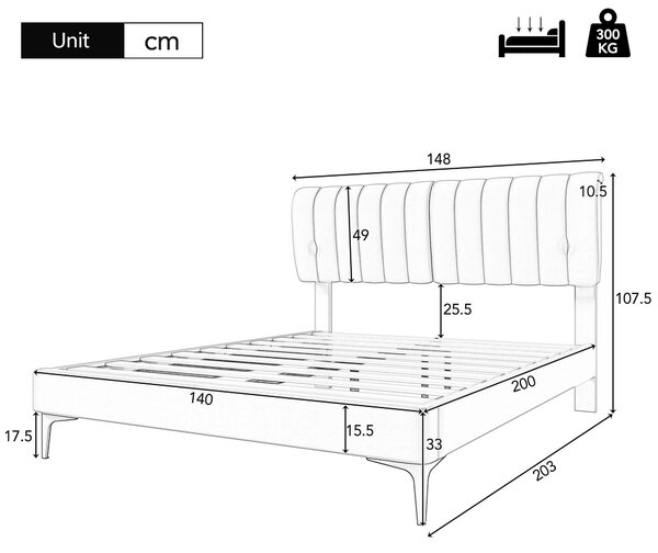 Letto imbottito elegante, con cerniera, Rete a doghe e testiera, senza materasso, 140×200cm, Grigio