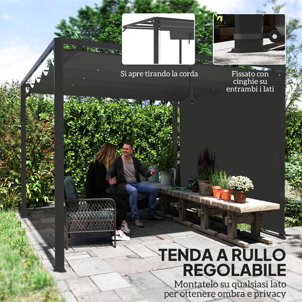 Outsunny Gazebo Pergola Retrattile 3x3 m con Tenda a Rullo e Fori di Drenaggio, in Acciaio e Poliestere Grigio Scuro