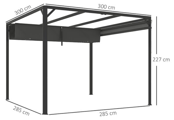 Outsunny Gazebo Pergola Retrattile 3x3 m con Tenda a Rullo e Fori di Drenaggio, in Acciaio e Poliestere Grigio Scuro