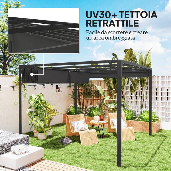 Outsunny Gazebo Pergola Retrattile 3x3 m con Tenda a Rullo e Fori di Drenaggio, in Acciaio e Poliestere Grigio Scuro
