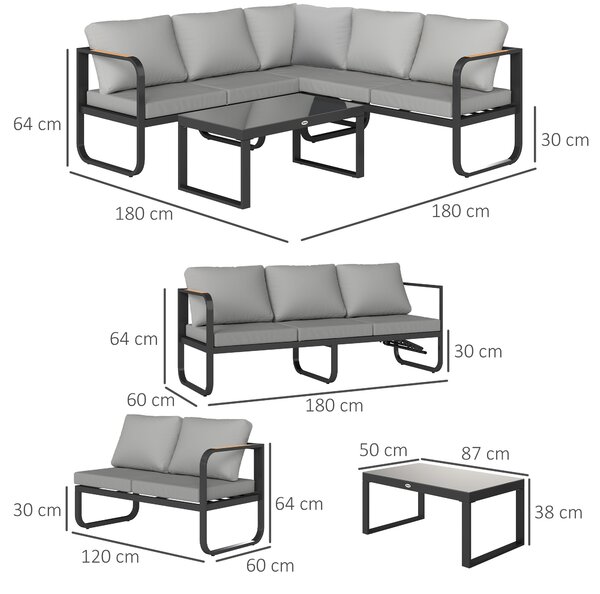 Outsunny Set da Esterno 3 Pezzi con Divano 3 Posti Convertibile, Divano 2 Posti e Tavolino da Esterno, Grigio e Nero