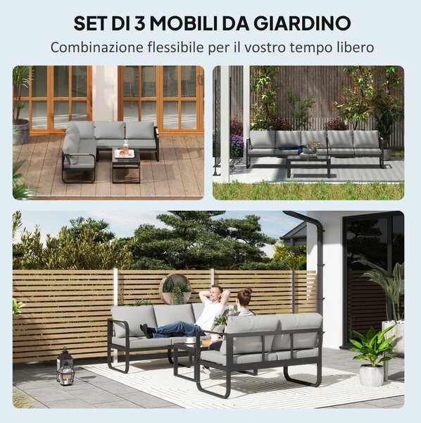 Outsunny Set da Esterno 3 Pezzi con Divano 3 Posti Convertibile, Divano 2 Posti e Tavolino da Esterno, Grigio e Nero