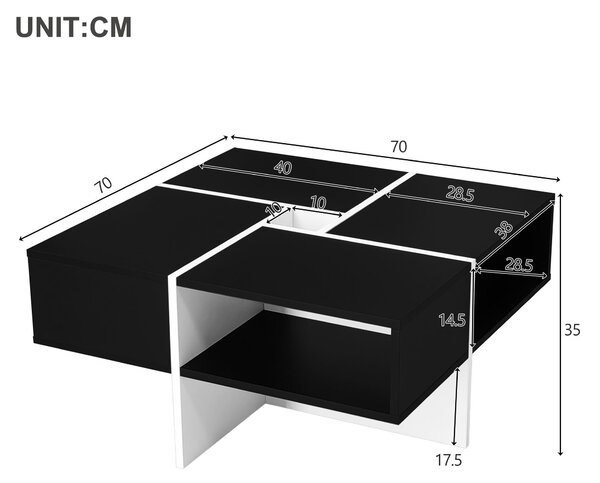 Moderno tavolino quadrato, 70×70×35 cm, design bianco e nero, 5 scomparti aperti, ripiano centrale 10×10 cm, capacità di carico 30 kg, Bianco+Nero