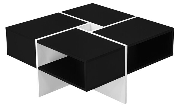 Moderno tavolino quadrato, 70×70×35 cm, design bianco e nero, 5 scomparti aperti, ripiano centrale 10×10 cm, capacità di carico 30 kg, Bianco+Nero