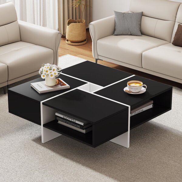 Moderno tavolino quadrato, 70×70×35 cm, design bianco e nero, 5 scomparti aperti, ripiano centrale 10×10 cm, capacità di carico 30 kg, Bianco+Nero