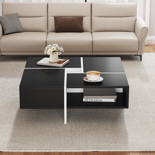 Moderno tavolino quadrato, 70×70×35 cm, design bianco e nero, 5 scomparti aperti, ripiano centrale 10×10 cm, capacità di carico 30 kg, Bianco+Nero