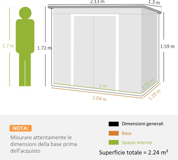 Outsunny Casetta da Giardino con Tetto Inclinato, 2 Ingressi e Prese d'Aria, Capanno Attrezzi in Acciaio Zincato, 213x130x172 cm, Grigio | Aosom Italy