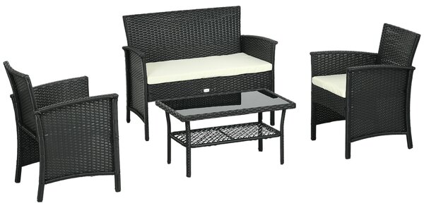 Outsunny Salotto da Esterno Rattan PE con Divano 2 Posti, 2 Poltrone con Cuscini e Tavolino in Vetro, Nero