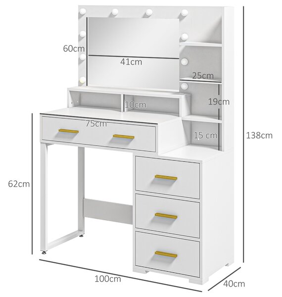 HOMCOM Tavolo da Trucco in Legno con 4 Cassetti, 6 Ripiani Aperti e Specchio, 100x40x138 cm, Bianco|Aosom