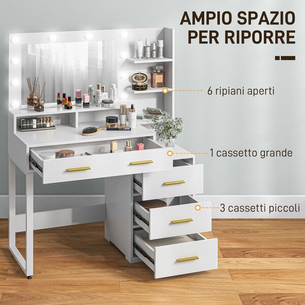 HOMCOM Tavolo da Trucco in Legno con 4 Cassetti, 6 Ripiani Aperti e Specchio, 100x40x138 cm, Bianco|Aosom