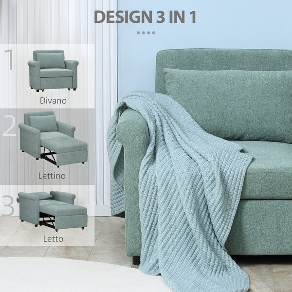 HOMCOM Poltrona Letto Singolo Salvaspazio Reclinabile su 4 Livelli con Seduta Imbottita, 96x84.5x87.5 cm, Verde | Aosom Italy