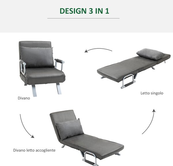 HomCom Poltrona Letto Trasformabile in Microfibra Elegante e Multifunzionale 2 in 1 Grigio Scuro per Comfort e Stile in Salotto|Aosom