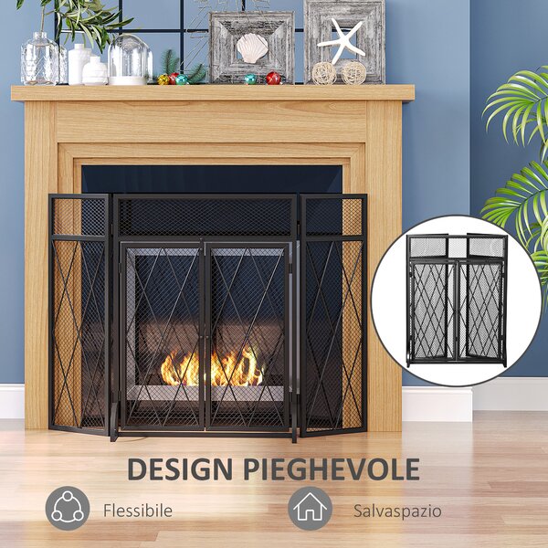 HOMCOM Parascintille per Camino in Metallo con 3 Pannelli Pieghevoli, 120x11.5x79 cm, Nero|Aosom