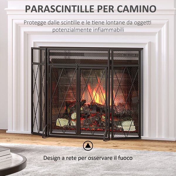 Parascintille In Ferro Battuto Per Camino: 3 Pannelli Regolabili, Larghezza Totale 76 Cm, Sicuro E Stabile