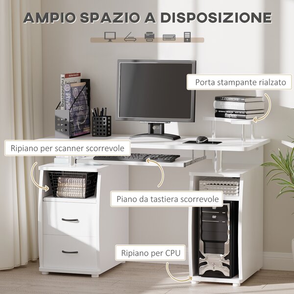 HOMCOM Scrivania per PC con Ripiano per Tastiera e per Monitor e 2 Cassetti, 120x55x85 cm, Bianca|Aosom