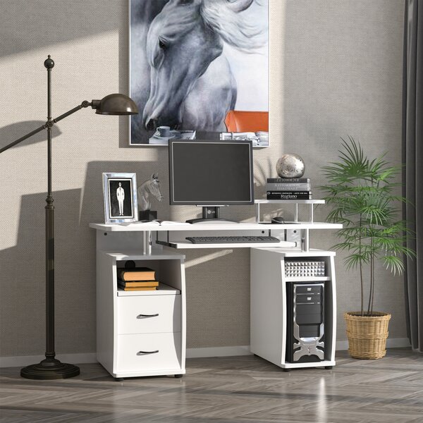 HOMCOM Scrivania per PC con Ripiano per Tastiera e per Monitor e 2 Cassetti, 120x55x85 cm, Bianca|Aosom