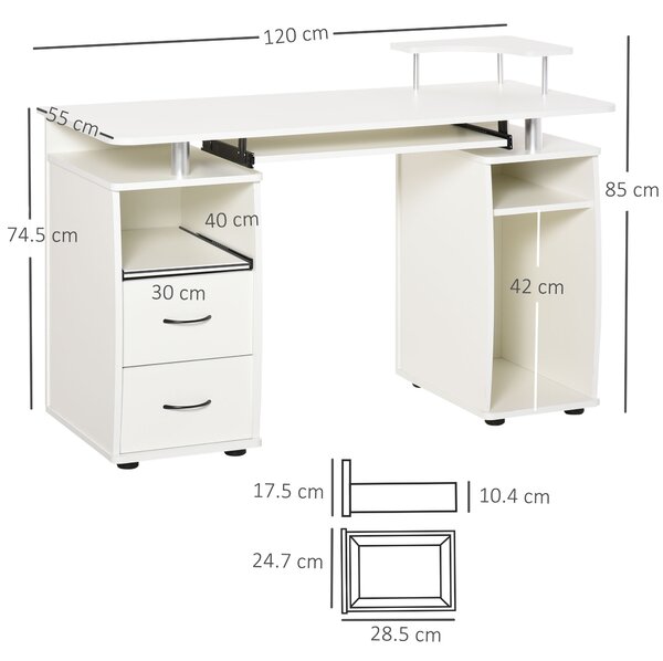 HOMCOM Scrivania per PC con Ripiano per Tastiera e per Monitor e 2 Cassetti, 120x55x85 cm, Bianca|Aosom