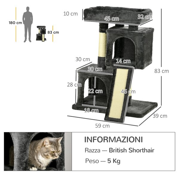 PawHut Albero Tiragraffi per Gatti con Pali in Sisal, Lettino e 2 Casette, 59x39x83cm, Nero|Aosom