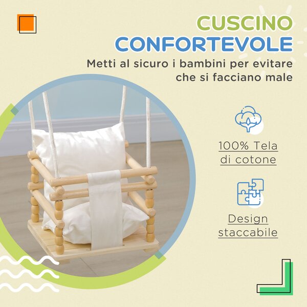 AIYAPLAY Altalena per Bambini 9-36 Mesi in Legno e Cotone con Corda Regolabile e Cuscino, 30x30x110-180 cm|Aosom
