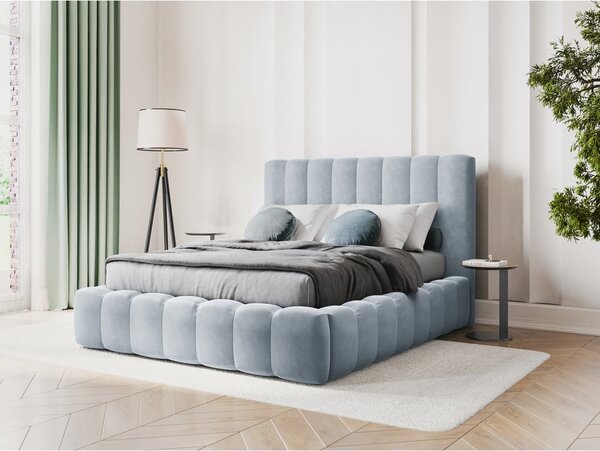 Letto matrimoniale imbottito azzurro con contenitore con griglia 180x200 cm Kelp - Micadoni Home