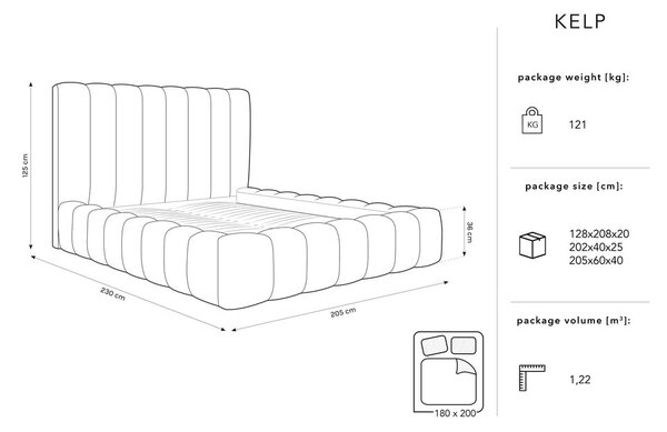 Letto matrimoniale imbottito azzurro con contenitore con griglia 180x200 cm Kelp - Micadoni Home