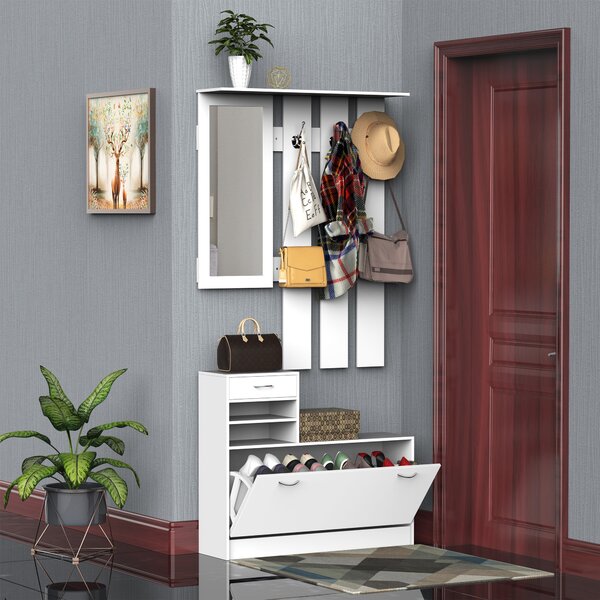HOMCOM Appendiabiti ingresso con Scarpiera, Specchio, 6 Ganci, 2 Ripiani Regolabili e Cassetti per Corridoio, 90x24x177 cm, Bianco| Aosom Italy