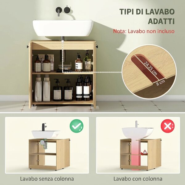 HOMCOM Mobile Sottolavabo per Bagno con 2 Ante Chiusura Morbida, Ripiano Regolabile, per Lavabi senza Colonna, Rovere | Aosom Italy